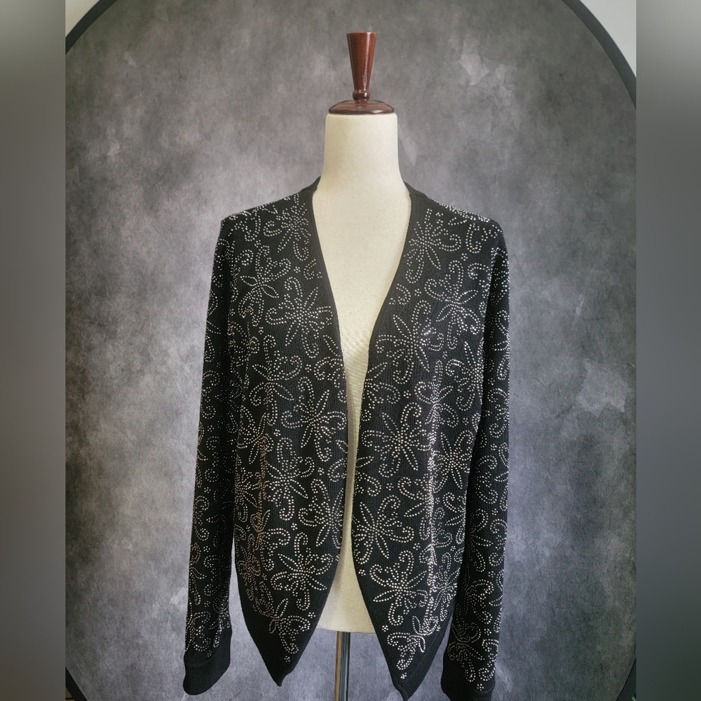 Alice + Olivia Black Cardigan with Silver Studded Floral Pattern Sz M